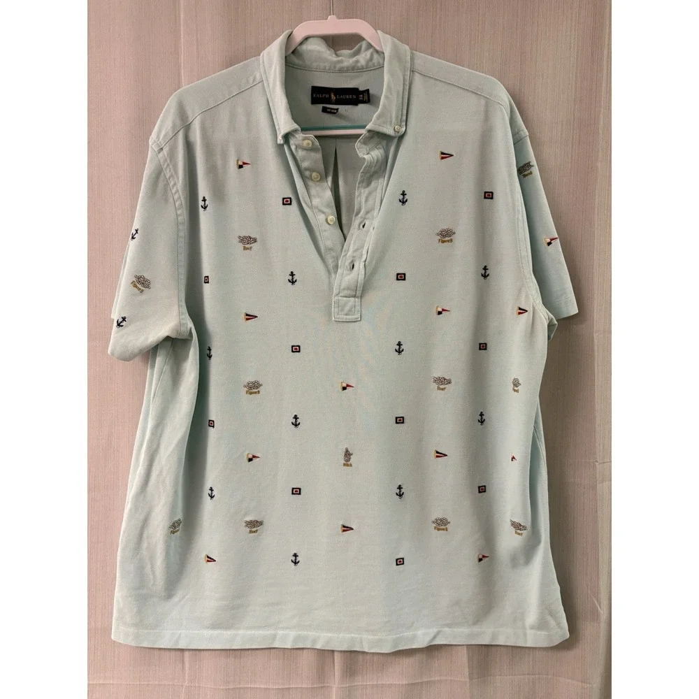 Ralph Lauren Mens Knit Oxford Polo Shirt Nautical Anchor Embroidery Mint 1XB Big